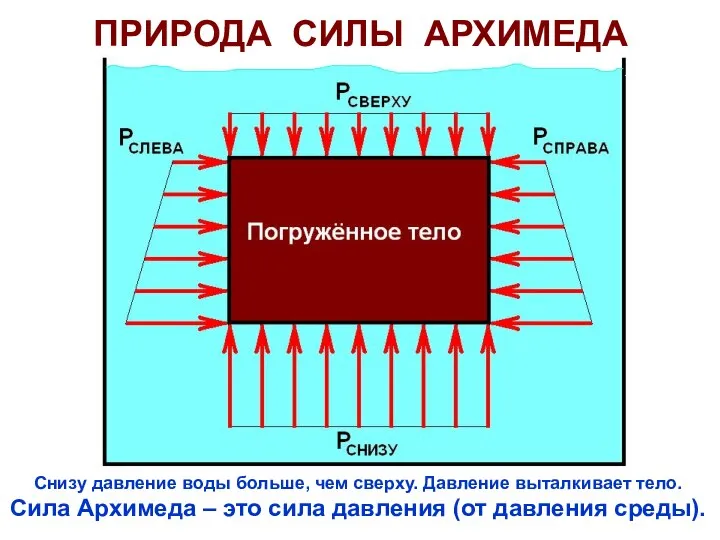 ПРИРОДА СИЛЫ АРХИМЕДА Снизу давление воды больше, чем сверху. Давление выталкивает