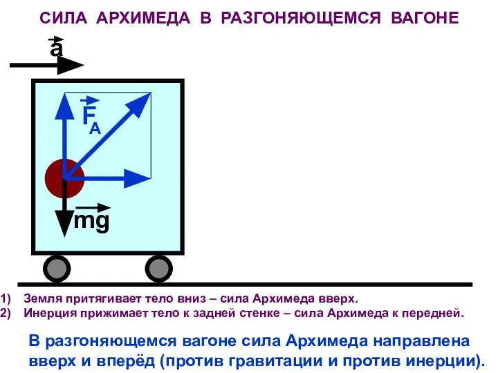 СИЛА АРХИМЕДА В РАЗГОНЯЮЩЕМСЯ ВАГОНЕ F A mg a Земля притягивает