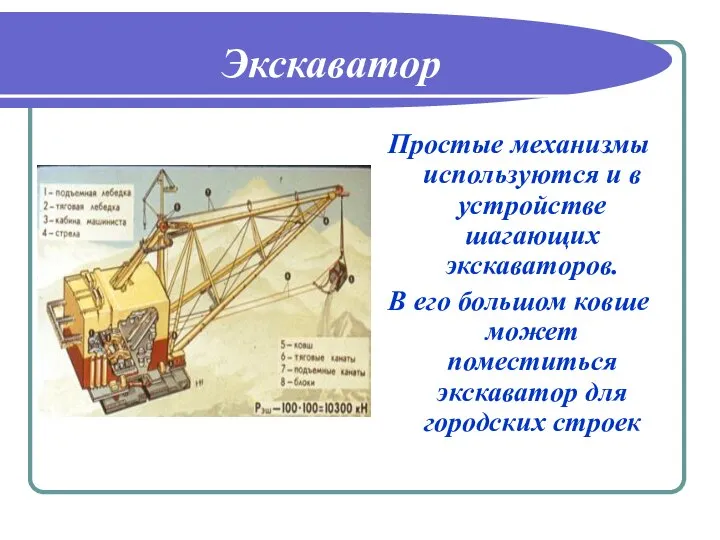 Экскаватор Простые механизмы используются и в устройстве шагающих экскаваторов. В его