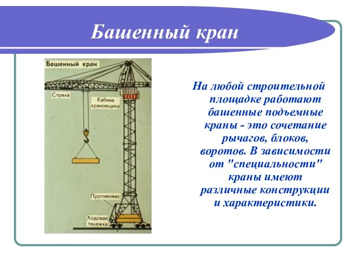 Башенный кран На любой строительной площадке работают башенные подъемные краны -
