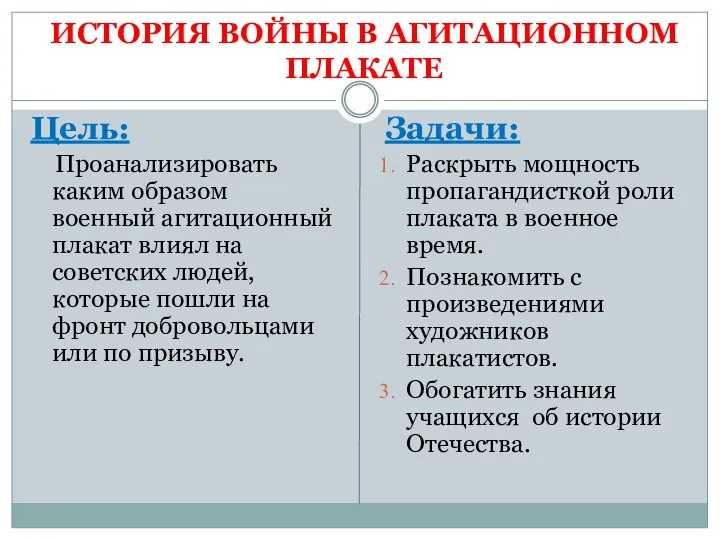 ИСТОРИЯ ВОЙНЫ В АГИТАЦИОННОМ ПЛАКАТЕ Цель: Проанализировать каким образом военный агитационный