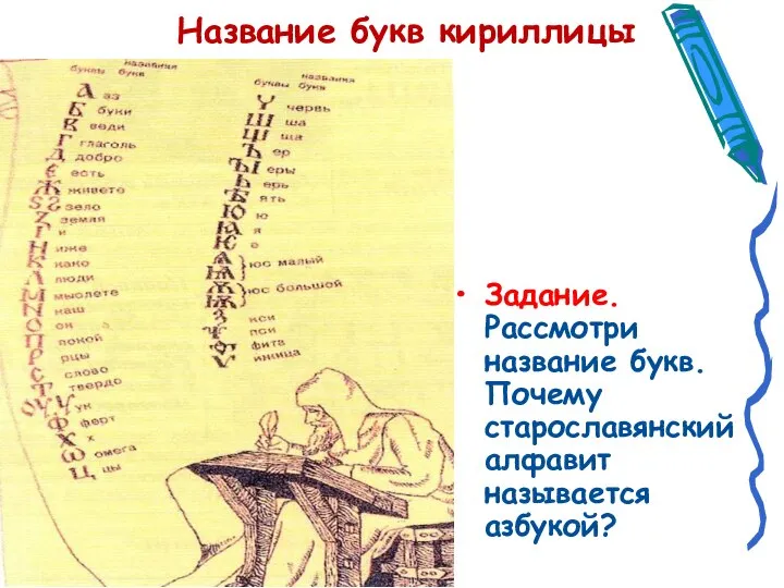 Название букв кириллицы Задание. Рассмотри название букв. Почему старославянский алфавит называется азбукой?