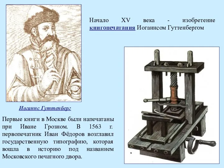 Начало XV века - изобретение книгопечатания Иоганнсом Гуттенбергом Первые книги в