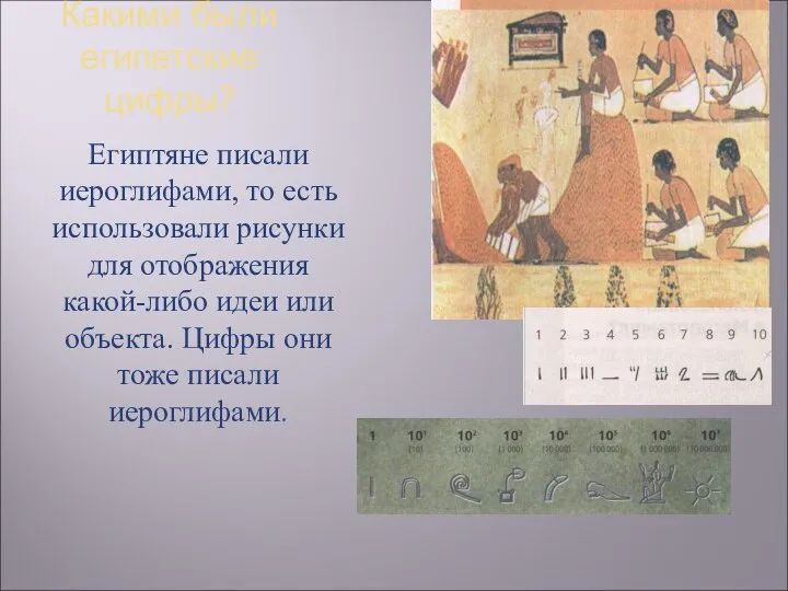 Какими были египетские цифры? Египтяне писали иероглифами, то есть использовали рисунки