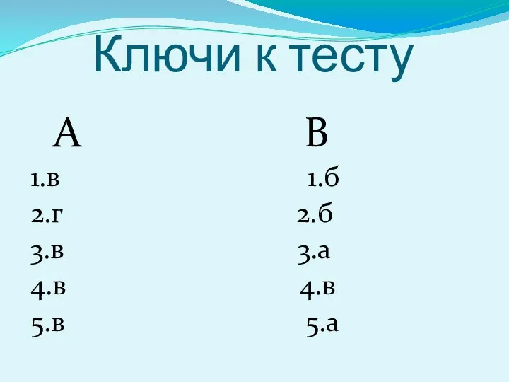 Ключи к тесту А В 1.в 1.б 2.г 2.б 3.в 3.а 4.в 4.в 5.в 5.а