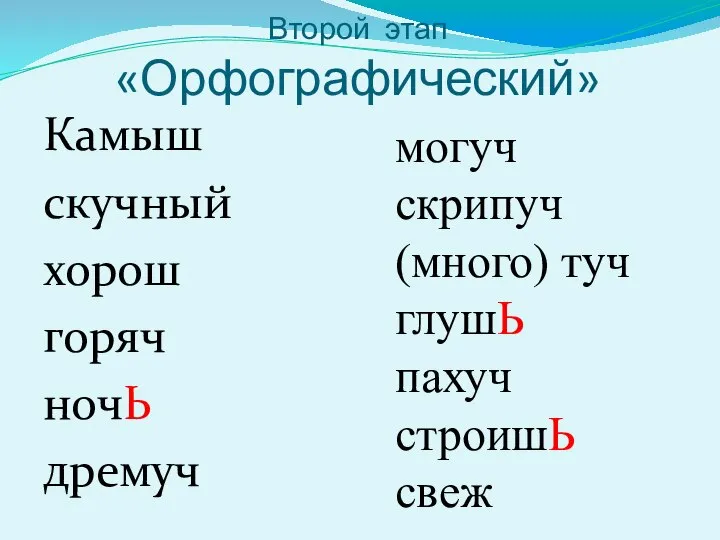 Второй этап «Орфографический» Камыш скучный хорош горяч ночЬ дремуч могуч скрипуч