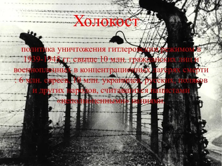Холокост - политика уничтожения гитлеровским режимом в 1939-1945 гг. свыше 10