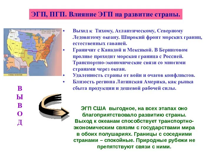 ЭГП, ПГП. Влияние ЭГП на развитие страны. Выход к Тихому, Атлантическому,