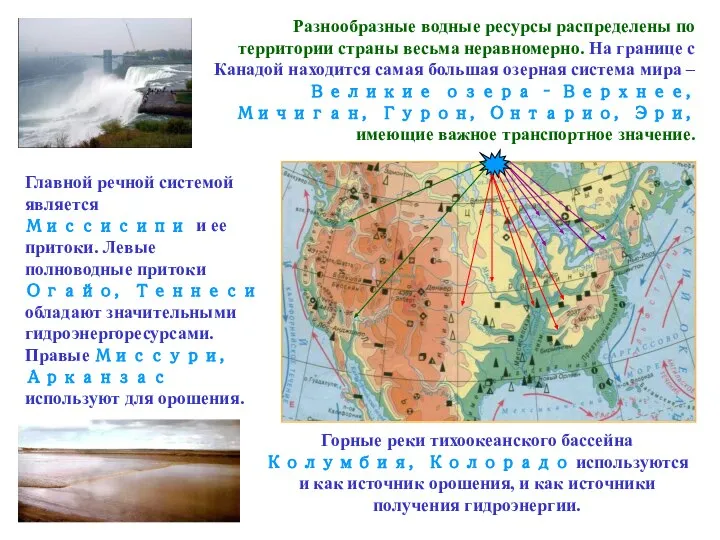 Разнообразные водные ресурсы распределены по территории страны весьма неравномерно. На границе