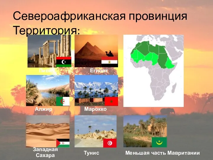 Североафриканская провинция Территория: Ливия Египет Тунис Алжир Марокко Западная Сахара Меньшая часть Мавритании