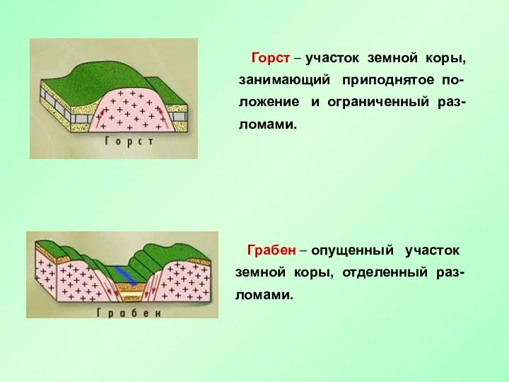 Горст – участок земной коры, занимающий приподнятое по- ложение и ограниченный