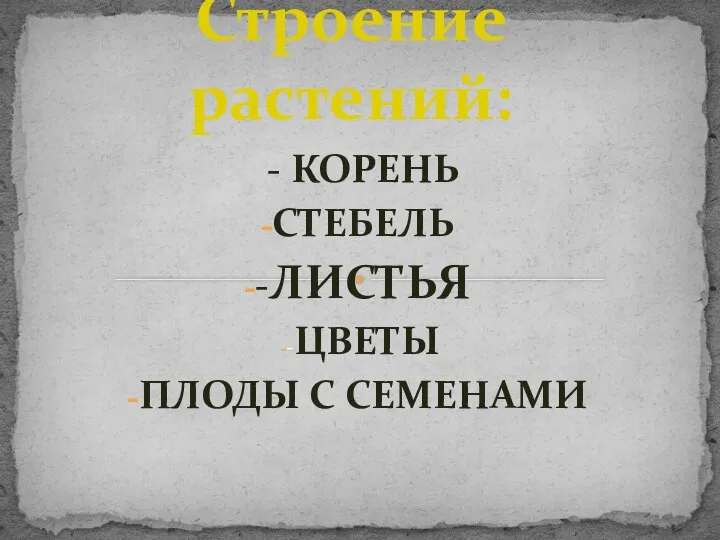 - КОРЕНЬ СТЕБЕЛЬ -ЛИСТЬЯ -ЦВЕТЫ ПЛОДЫ С СЕМЕНАМИ Строение растений: