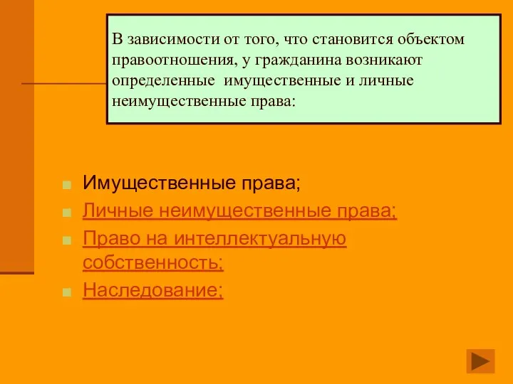 В зависимости от того, что становится объектом правоотношения, у гражданина возникают