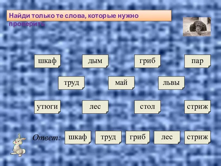 Найди только те слова, которые нужно проверить труд стол гриб шкаф