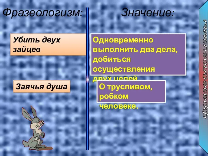 : Фразеологизм: Значение: Убить двух зайцев Одновременно выполнить два дела, добиться