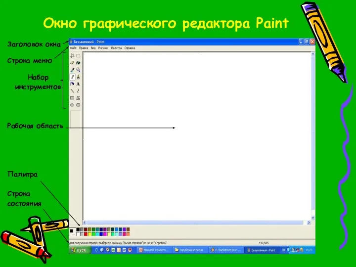 Окно графического редактора Paint Заголовок окна Строка меню Набор инструментов Рабочая область Палитра Строка состояния