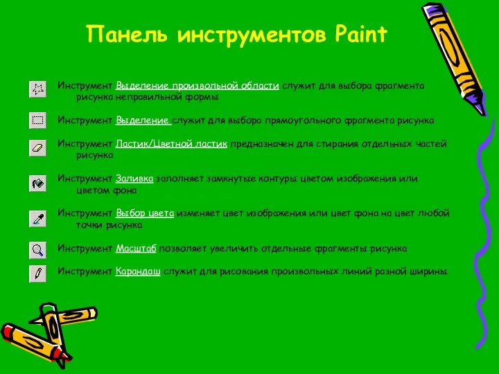 Панель инструментов Paint Инструмент Выделение произвольной области служит для выбора фрагмента