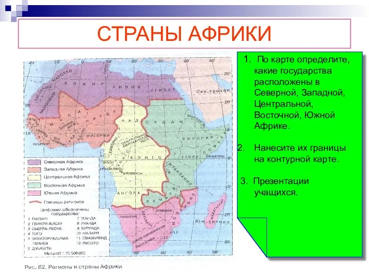 СТРАНЫ АФРИКИ 1. По карте определите, какие государства расположены в Северной,