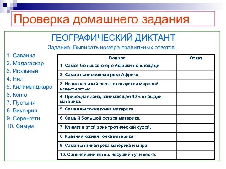 Проверка домашнего задания ГЕОГРАФИЧЕСКИЙ ДИКТАНТ Задание. Выписать номера правильных ответов. 1.