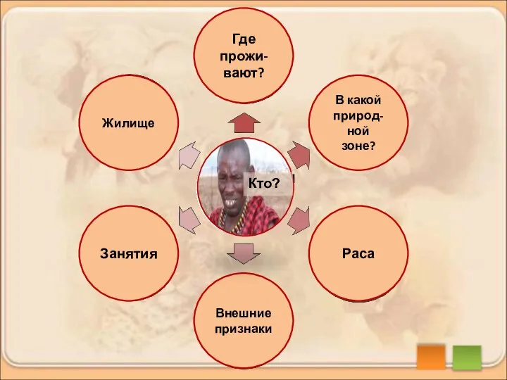 Жилище Где прожи-вают? В какой природ-ной зоне? Раса Внешние признаки Занятия масаи