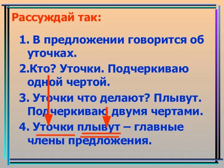 Рассуждай так: 1. В предложении говорится об уточках. 2.Кто? Уточки. Подчеркиваю