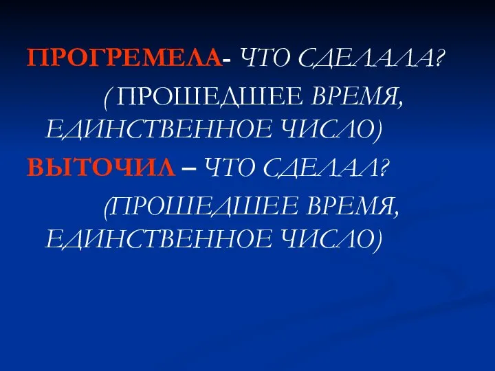 ПРОГРЕМЕЛА- ЧТО СДЕЛАЛА? ( ПРОШЕДШЕЕ ВРЕМЯ, ЕДИНСТВЕННОЕ ЧИСЛО) ВЫТОЧИЛ – ЧТО СДЕЛАЛ? (ПРОШЕДШЕЕ ВРЕМЯ, ЕДИНСТВЕННОЕ ЧИСЛО)