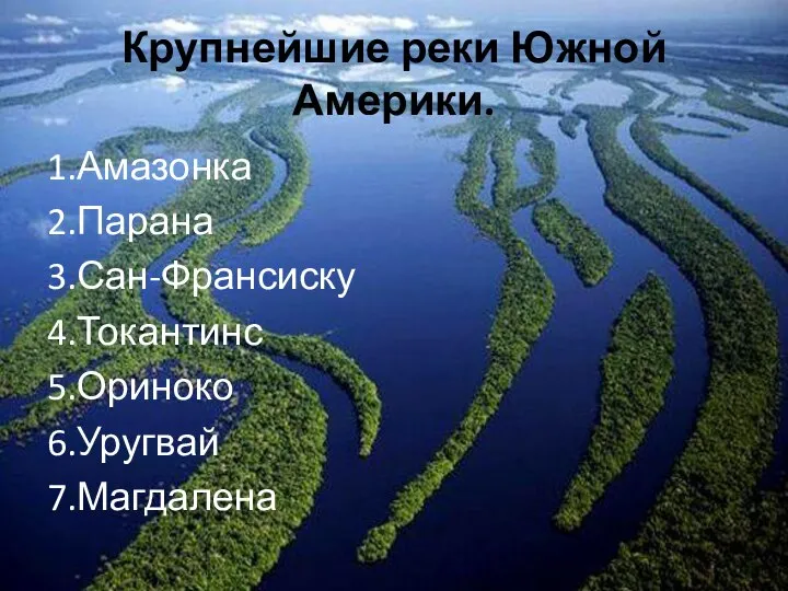 Крупнейшие реки Южной Америки. 1.Амазонка 2.Парана 3.Сан-Франсиску 4.Токантинс 5.Ориноко 6.Уругвай 7.Магдалена