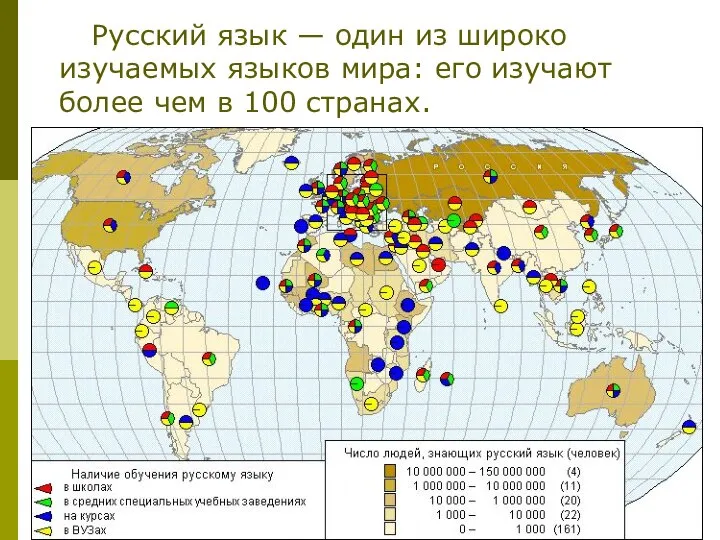 Русский язык — один из широко изучаемых языков мира: его изучают более чем в 100 странах.