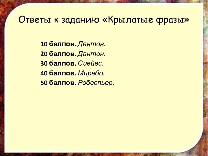 Ответы к заданию «Крылатые фразы» 10 баллов. Дантон. 20 баллов. Дантон.