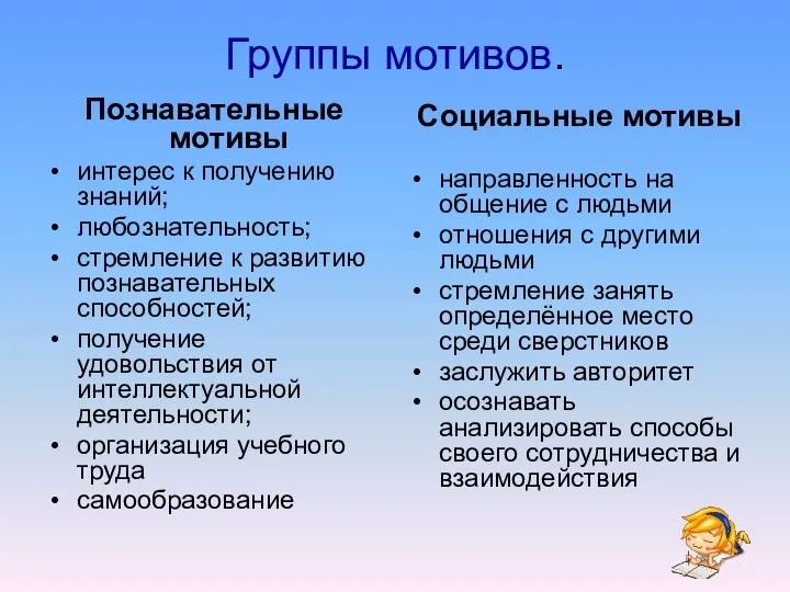 Группы мотивов. Познавательные мотивы интерес к получению знаний; любознательность; стремление к