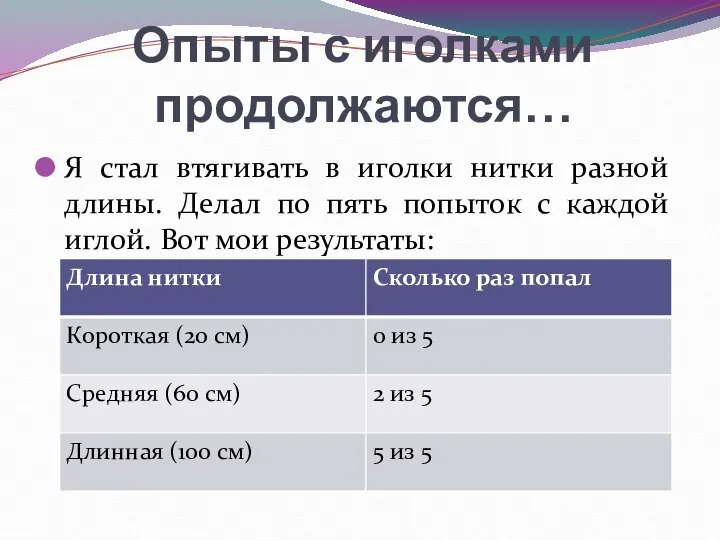 Опыты с иголками продолжаются… Я стал втягивать в иголки нитки разной