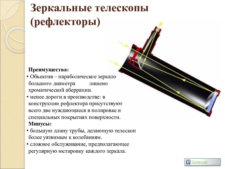 Зеркальные телескопы (рефлекторы) Преимущества: Объектив – параболическое зеркало большого диаметра лишено