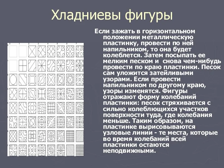 Хладниевы фигуры Если зажать в горизонтальном положении металлическую пластинку, провести по