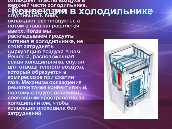 Конвекция в холодильнике Простым примером конвекции может также послужить охлаждение продуктов