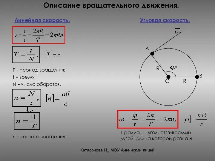 Описание вращательного движения. Линейная скорость. Угловая скорость. t – время; N