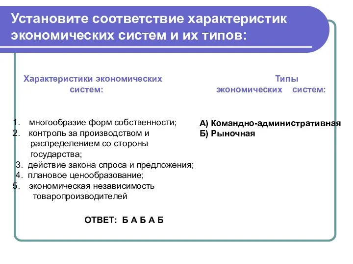 Установите соответствие характеристик экономических систем и их типов: многообразие форм собственности;