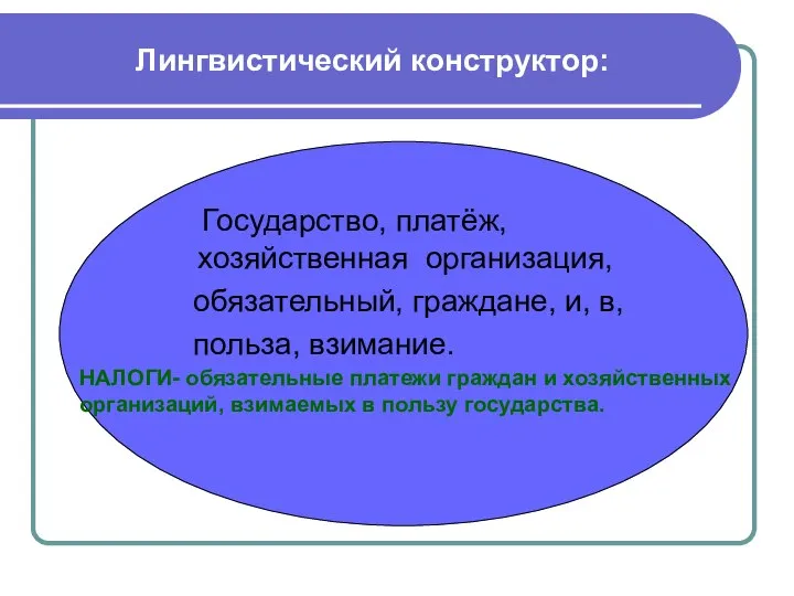 Лингвистический конструктор: Государство, платёж, хозяйственная организация, обязательный, граждане, и, в, польза,