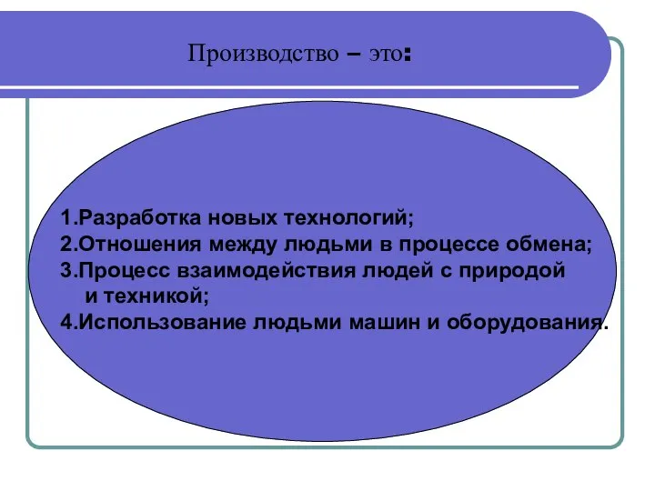 Производство – это: 1.Разработка новых технологий; 2.Отношения между людьми в процессе