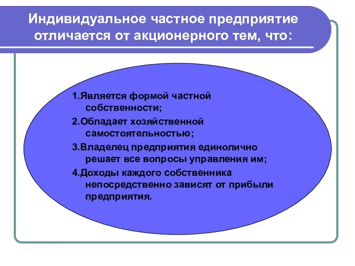 Индивидуальное частное предприятие отличается от акционерного тем, что: 1.Является формой частной