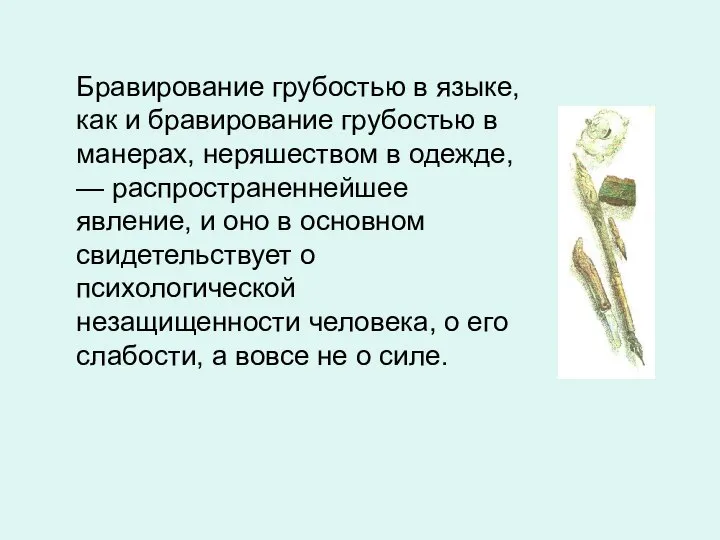 Бравирование грубостью в языке, как и бравирование грубостью в манерах, неряшеством