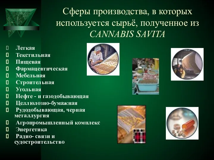 Сферы производства, в которых используется сырьё, полученное из CANNABIS SAVITA Легкая