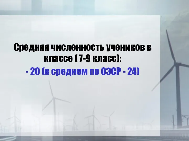 Средняя численность учеников в классе ( 7-9 класс): - 20 (в среднем по ОЭСР - 24)