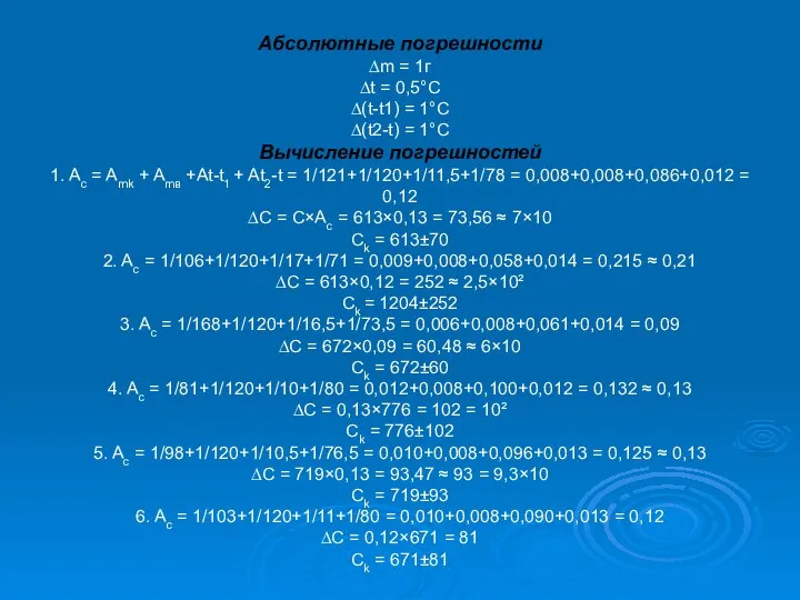 Абсолютные погрешности ∆m = 1г ∆t = 0,5°С ∆(t-t1) = 1°С