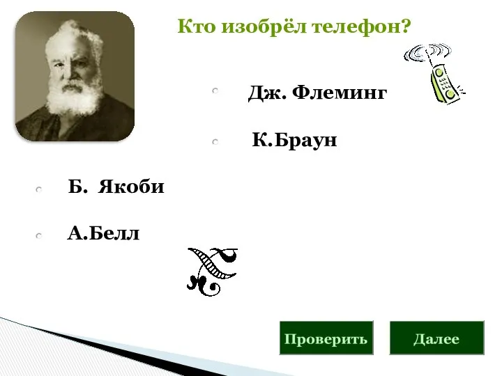 Б. Якоби А.Белл Кто изобрёл телефон? Дж. Флеминг К.Браун