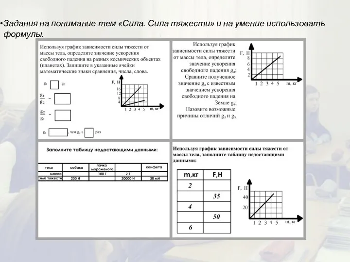 Задания на понимание тем «Сила. Сила тяжести» и на умение использовать формулы.