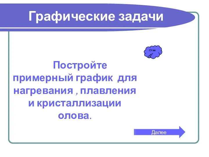 Графические задачи Постройте примерный график для нагревания , плавления и кристаллизации олова. Ответ Далее