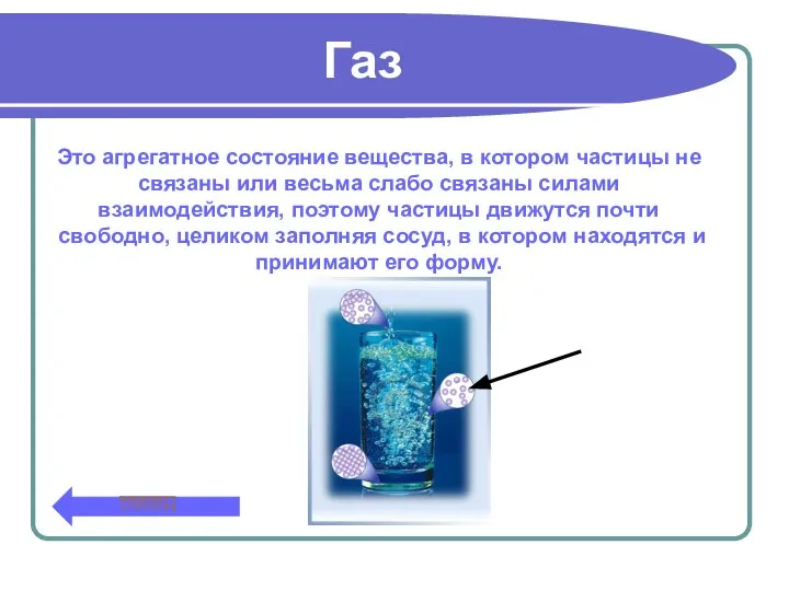 Газ Назад Это агрегатное состояние вещества, в котором частицы не связаны