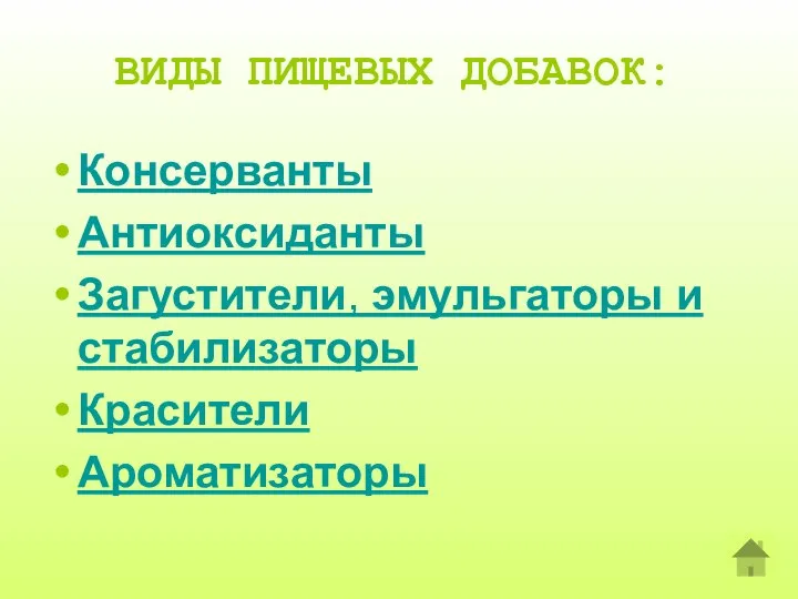 ВИДЫ ПИЩЕВЫХ ДОБАВОК: Консерванты Антиоксиданты Загустители, эмульгаторы и стабилизаторы Красители Ароматизаторы