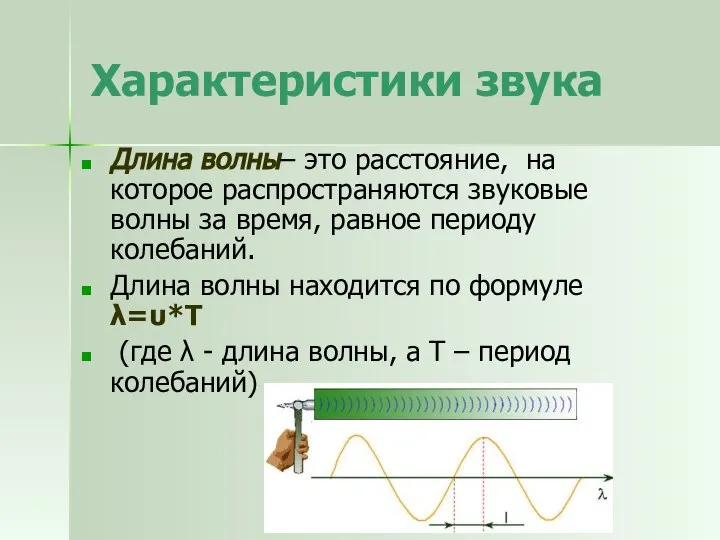 Характеристики звука Длина волны– это расстояние, на которое распространяются звуковые волны