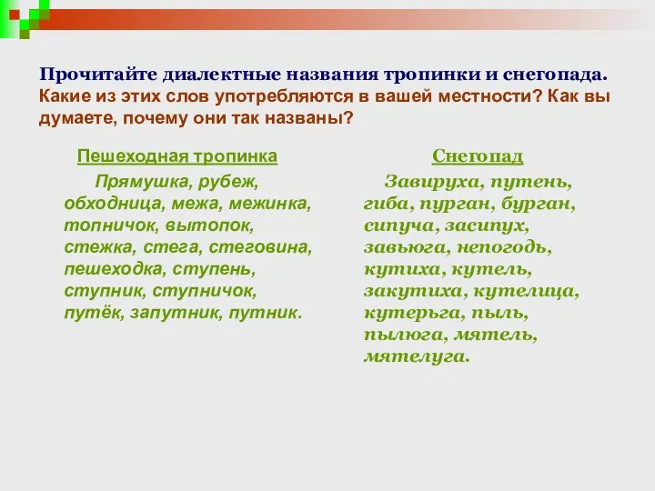 Прочитайте диалектные названия тропинки и снегопада. Какие из этих слов употребляются